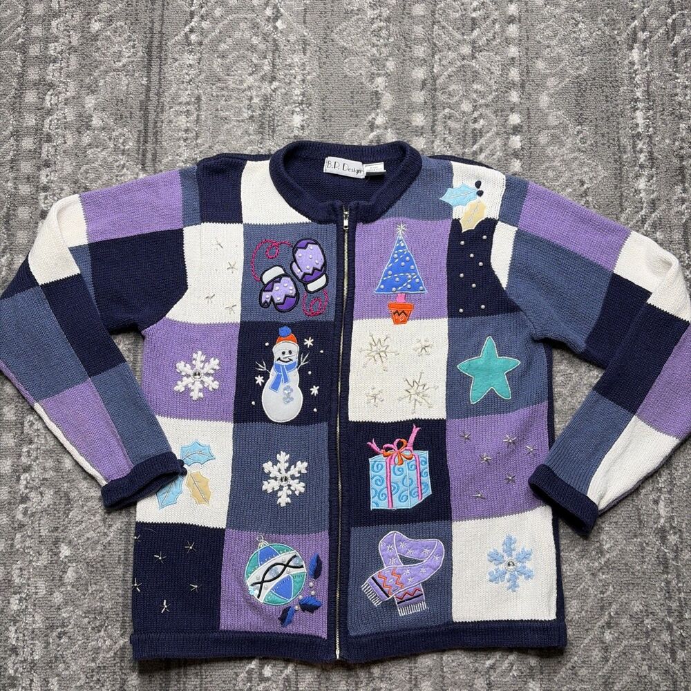 Vintage BP Design Womens Ugly Christmas Cardigan Sweater Medium Blue Holiday